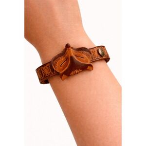 Handmade Leather Fox Bracelet Tooled Brown Snap Cuff Small Wrist Boho